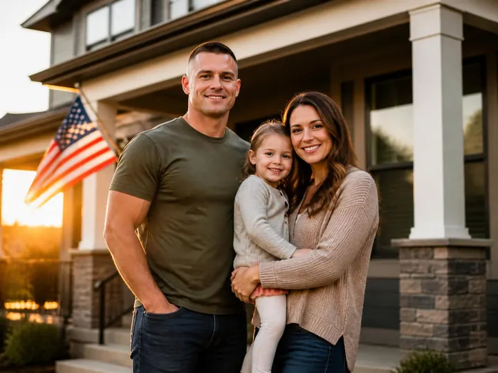 Veteran family in front of their new home at sunset